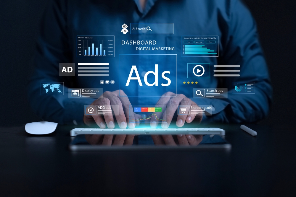 A laptop screen with Google Ads images